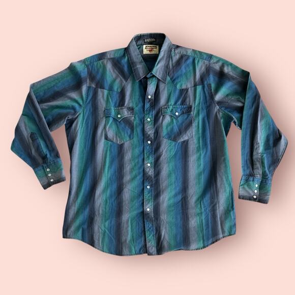 AUTHENTIC WESTERN YOUNGBLOODS Pearl Snap Vintage Button Down Size XL Blue Green - Picture 1 of 5